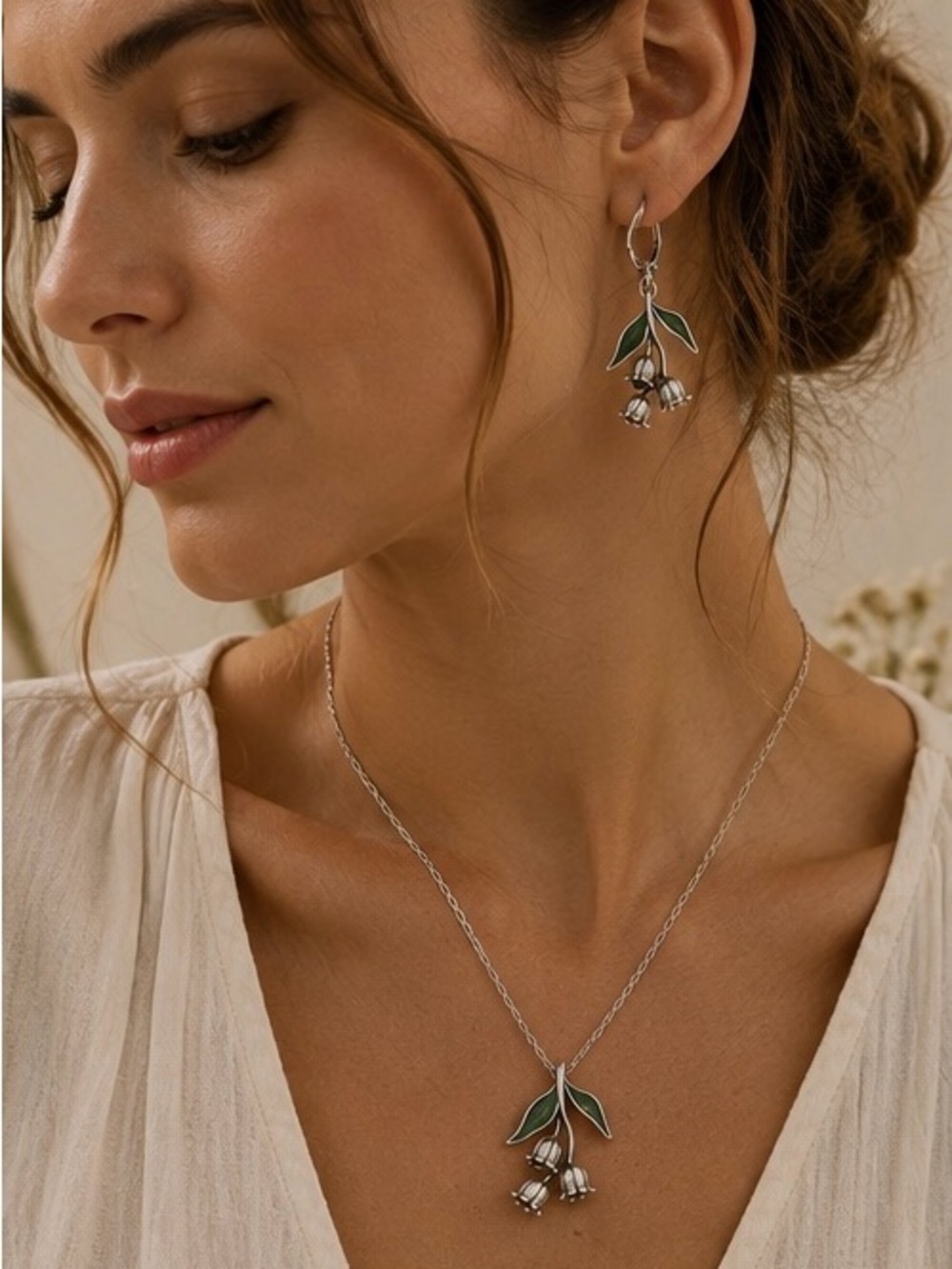 Lily of the Valley Jewelry Set Silver Botanical Necklace and Earrings - Picture 4 of 6